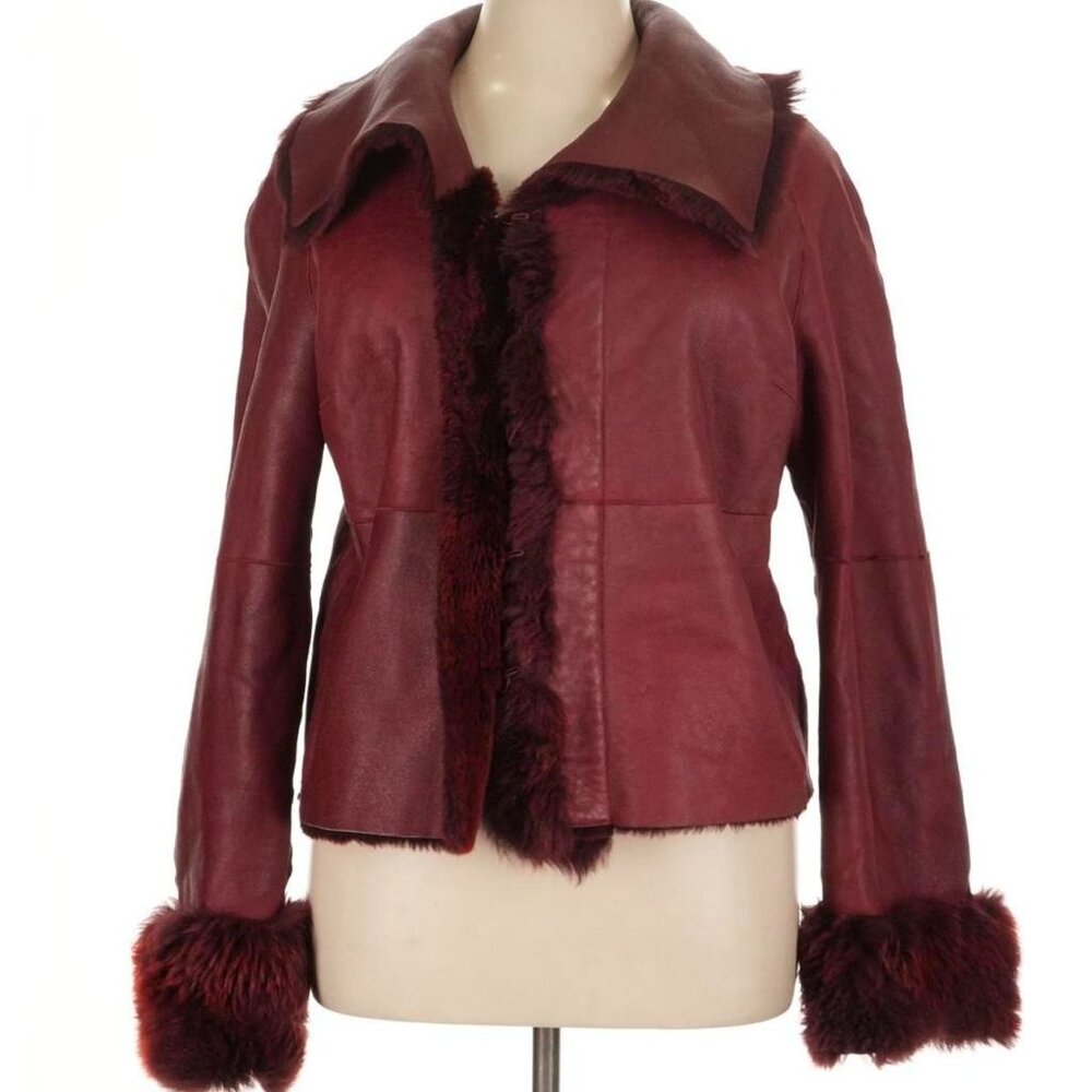 Vintage Via Veneto Genuine Shearling Leather Jacket - Burgundy - Size XL - Picture 2 of 8